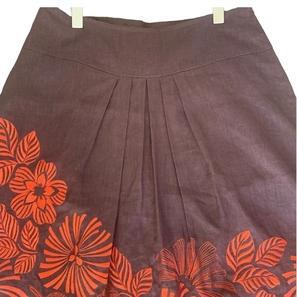 Precis Petite Linen Brown Orange Floral Embroidered Pleated A-Line Skirt Size 14 - Picture 3 of 11
